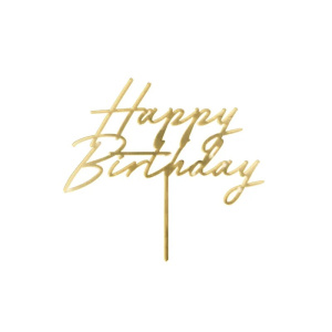 Topper akrylowy na tort Happy Birthday, złoty, 16.5 cm